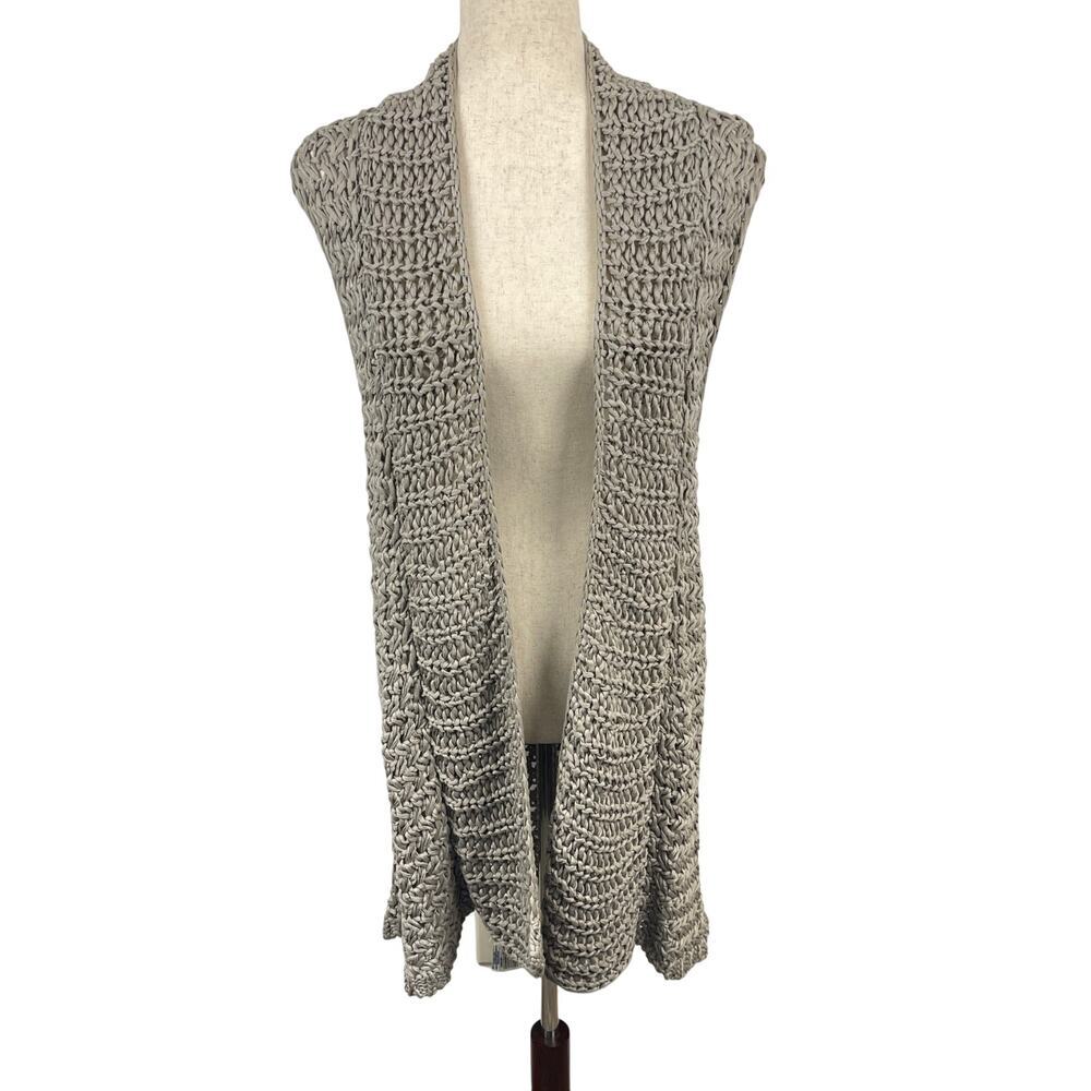 Uterque Light Grey Open Knit Open Front Cotton Long Sweater Vest Women's Medium